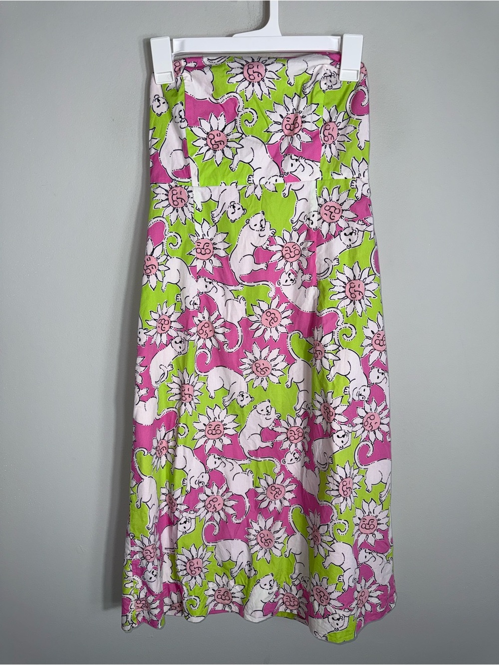 Lilly Pulitzer Strapless Midi Dress-Pink Green White Cat Pattern-Size 6